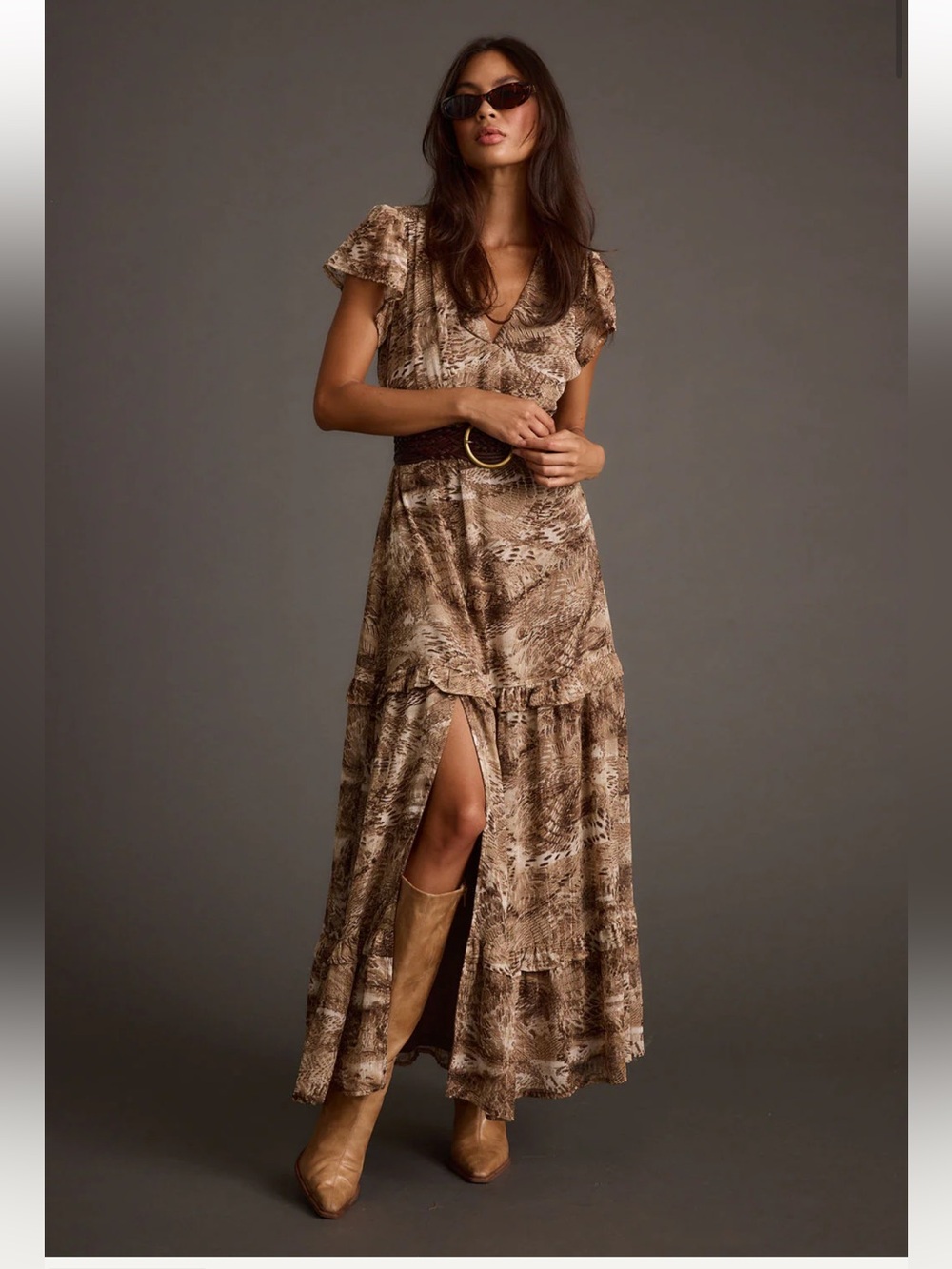 12th Tribe Brown Printed V-Neck Maxi Dress